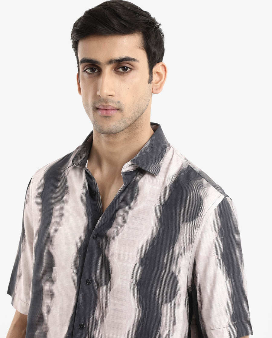 Rare Rabbit Men's Covel Black Viscose Abstract Print Regular Fit Half Sleeve Collared Shirt
