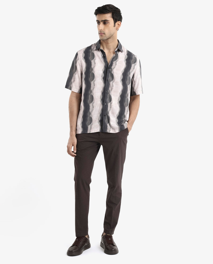 Rare Rabbit Men's Covel Black Viscose Abstract Print Regular Fit Half Sleeve Collared Shirt