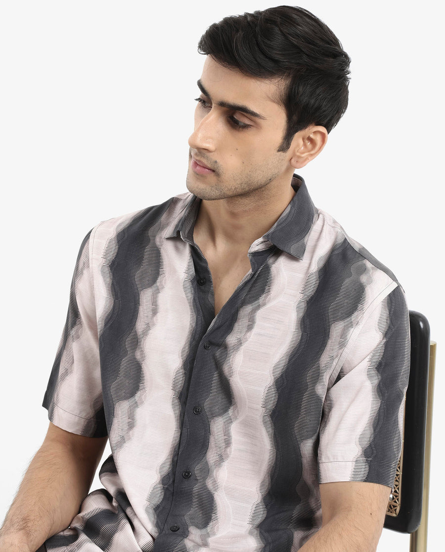 Rare Rabbit Men's Covel Black Viscose Abstract Print Regular Fit Half Sleeve Collared Shirt