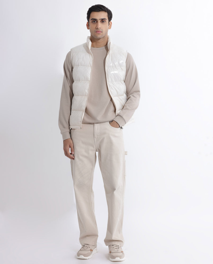 Rare Rabbit Men's Cover Off White Polyester Plain Relaxed Fit Sleeveless High Neck Jacket