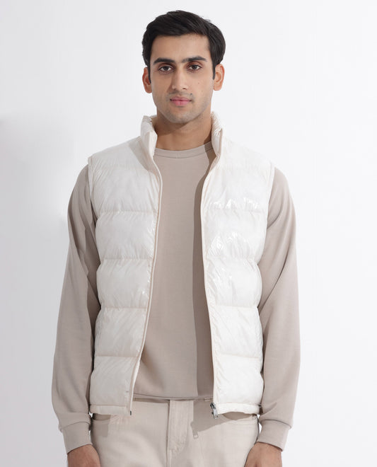 Rare Rabbit Men's Cover Off White Polyester Plain Relaxed Fit Sleeveless High Neck Jacket