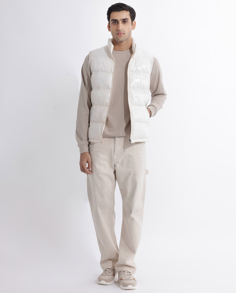 Rare Rabbit Men's Cover Off White Polyester Plain Relaxed Fit Sleeveless High Neck Jacket