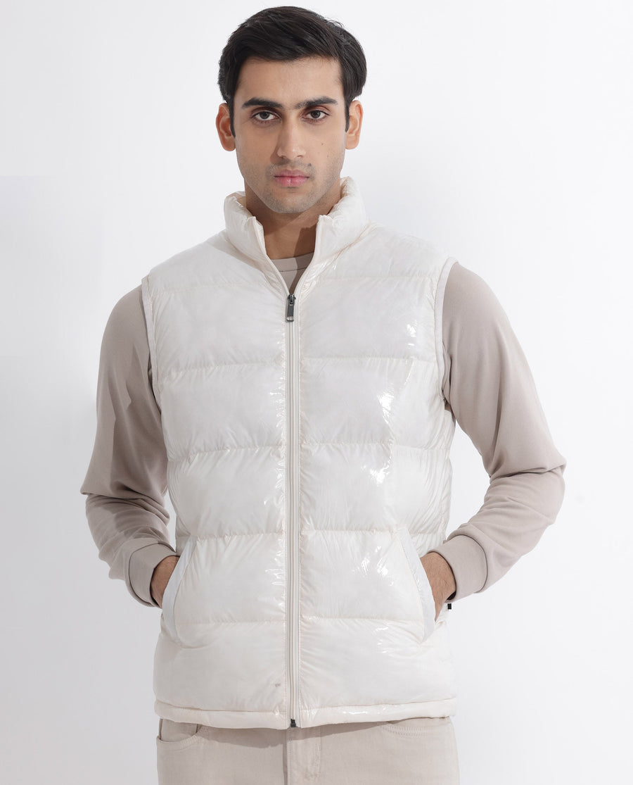 Rare Rabbit Men's Cover Off White Polyester Plain Relaxed Fit Sleeveless High Neck Jacket
