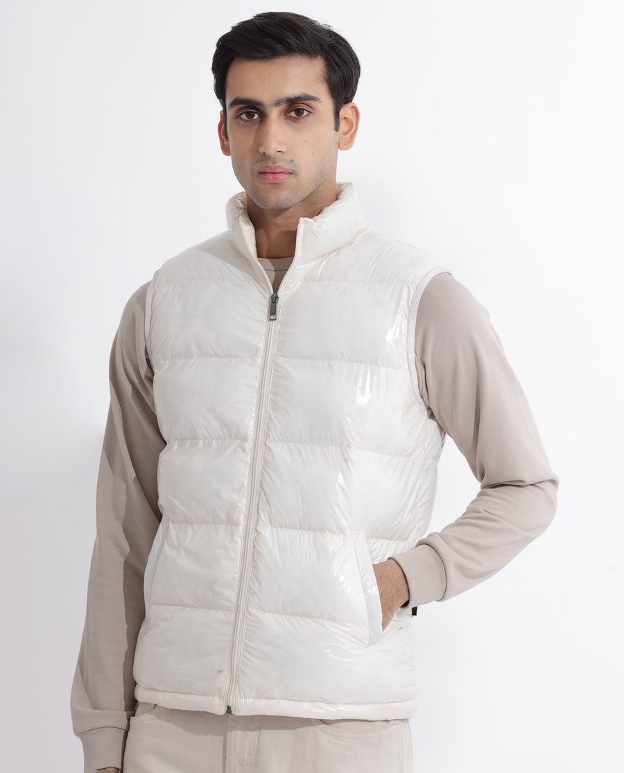 Rare Rabbit Men's Cover Off White Polyester Plain Relaxed Fit Sleeveless High Neck Jacket