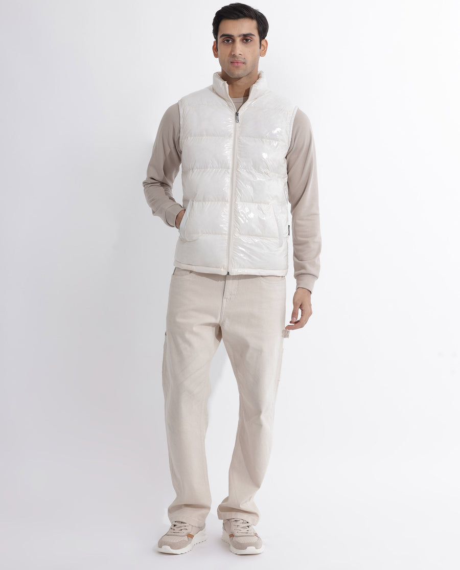 Rare Rabbit Men's Cover Off White Polyester Plain Relaxed Fit Sleeveless High Neck Jacket