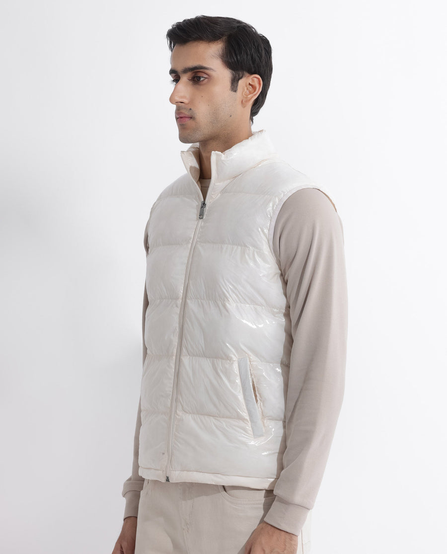 Rare Rabbit Men's Cover Off White Polyester Plain Relaxed Fit Sleeveless High Neck Jacket