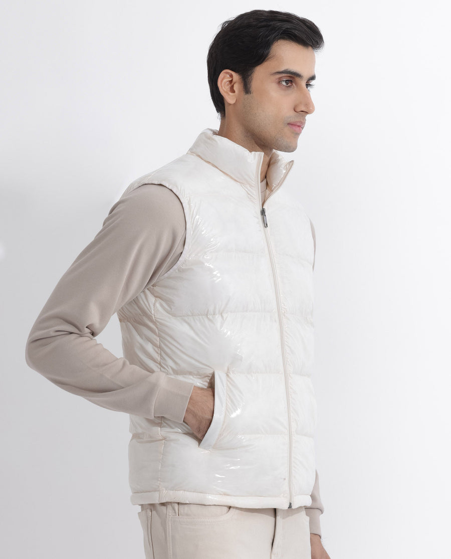 Rare Rabbit Men's Cover Off White Polyester Plain Relaxed Fit Sleeveless High Neck Jacket