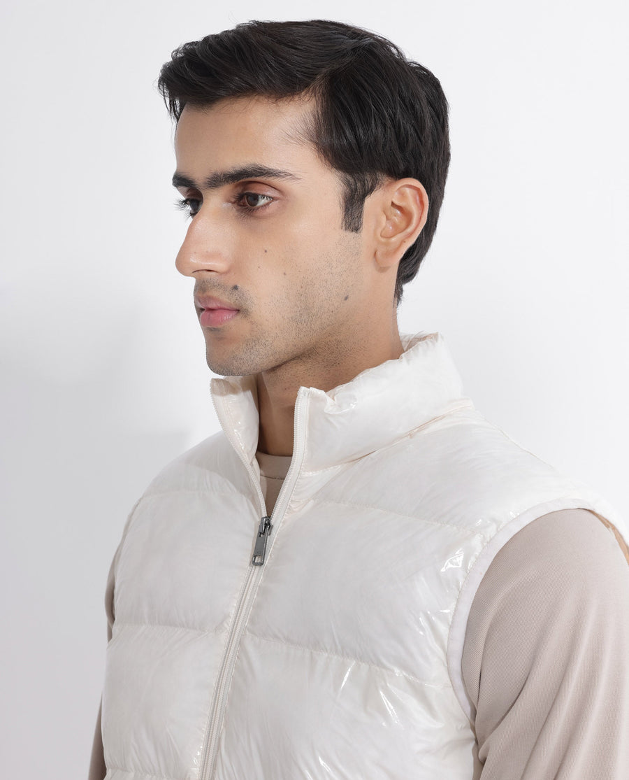 Rare Rabbit Men's Cover Off White Polyester Plain Relaxed Fit Sleeveless High Neck Jacket