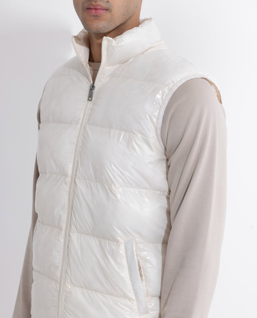 Rare Rabbit Men's Cover Off White Polyester Plain Relaxed Fit Sleeveless High Neck Jacket