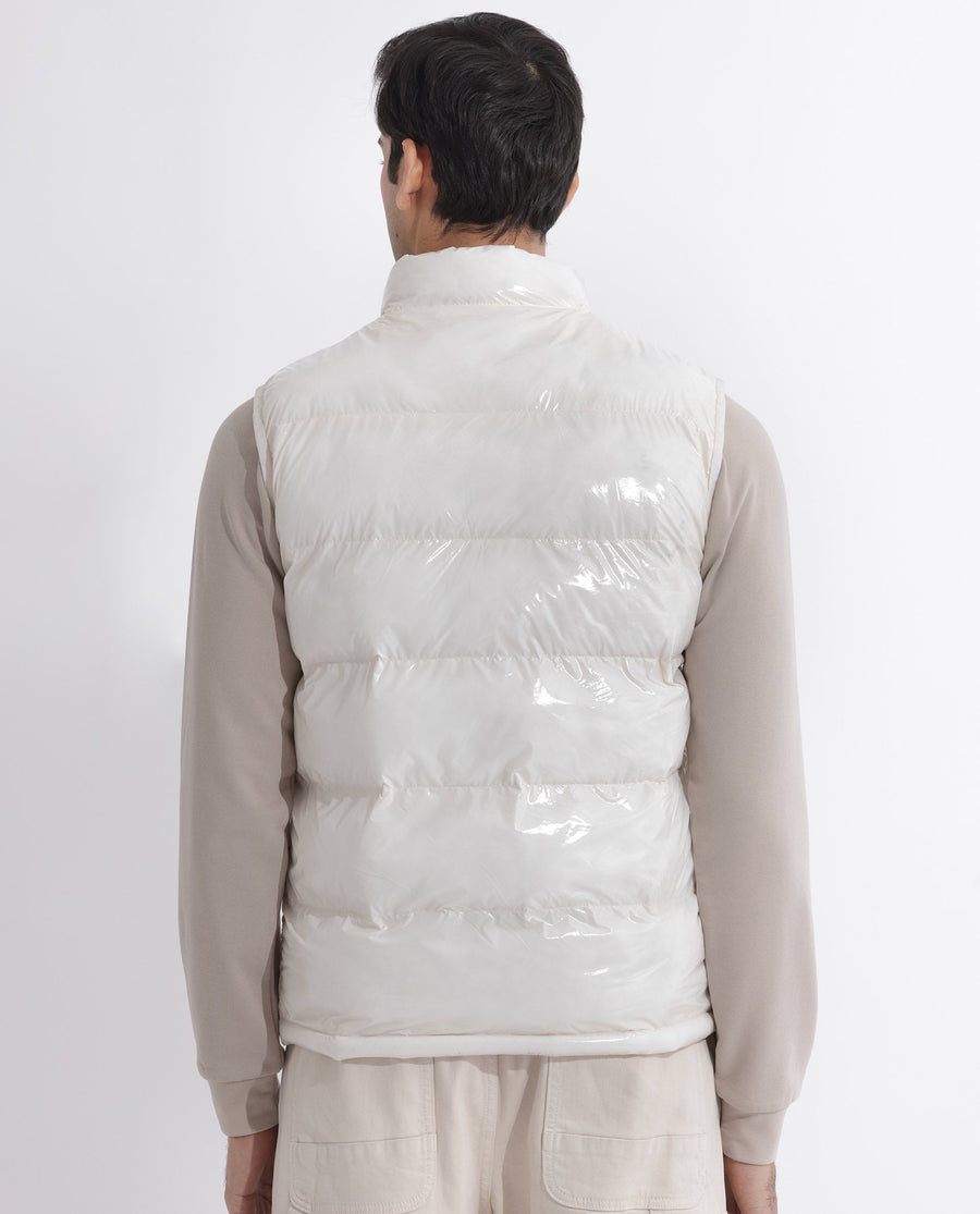 Rare Rabbit Men's Cover Off White Polyester Plain Relaxed Fit Sleeveless High Neck Jacket