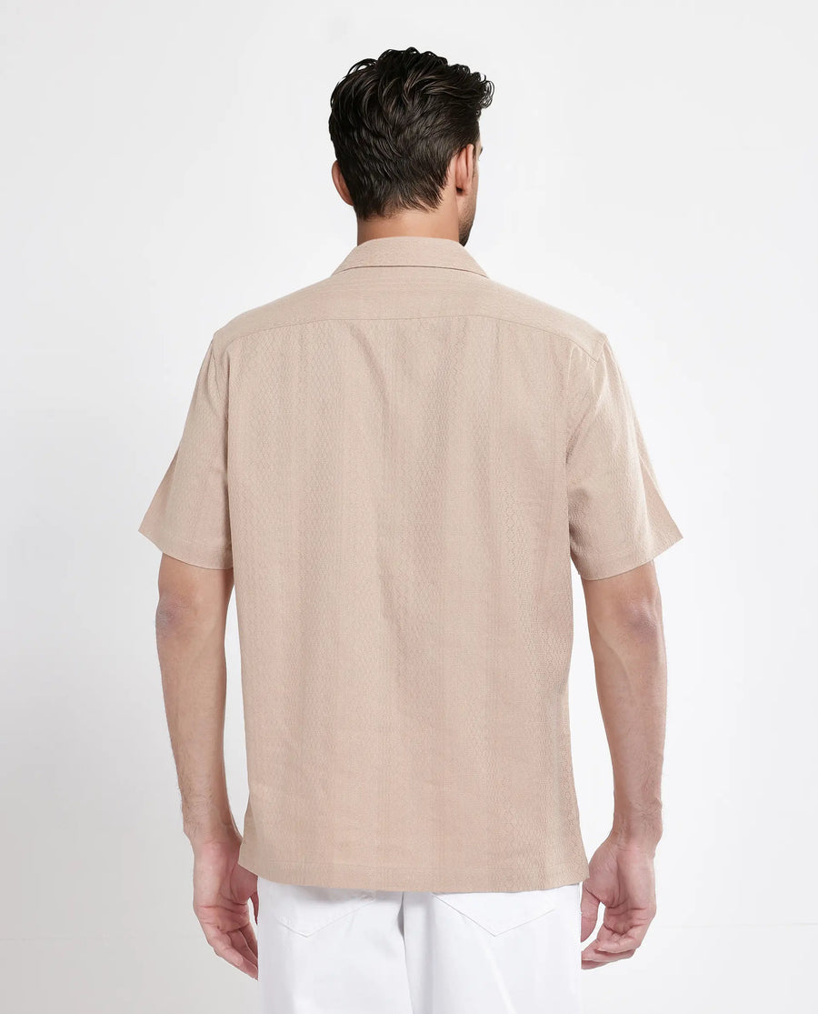 Rare Rabbit Men's Craggy Dusky Beige Cotton Striped Print Boxy Fit Half Sleeve Cuban Collar Shirt