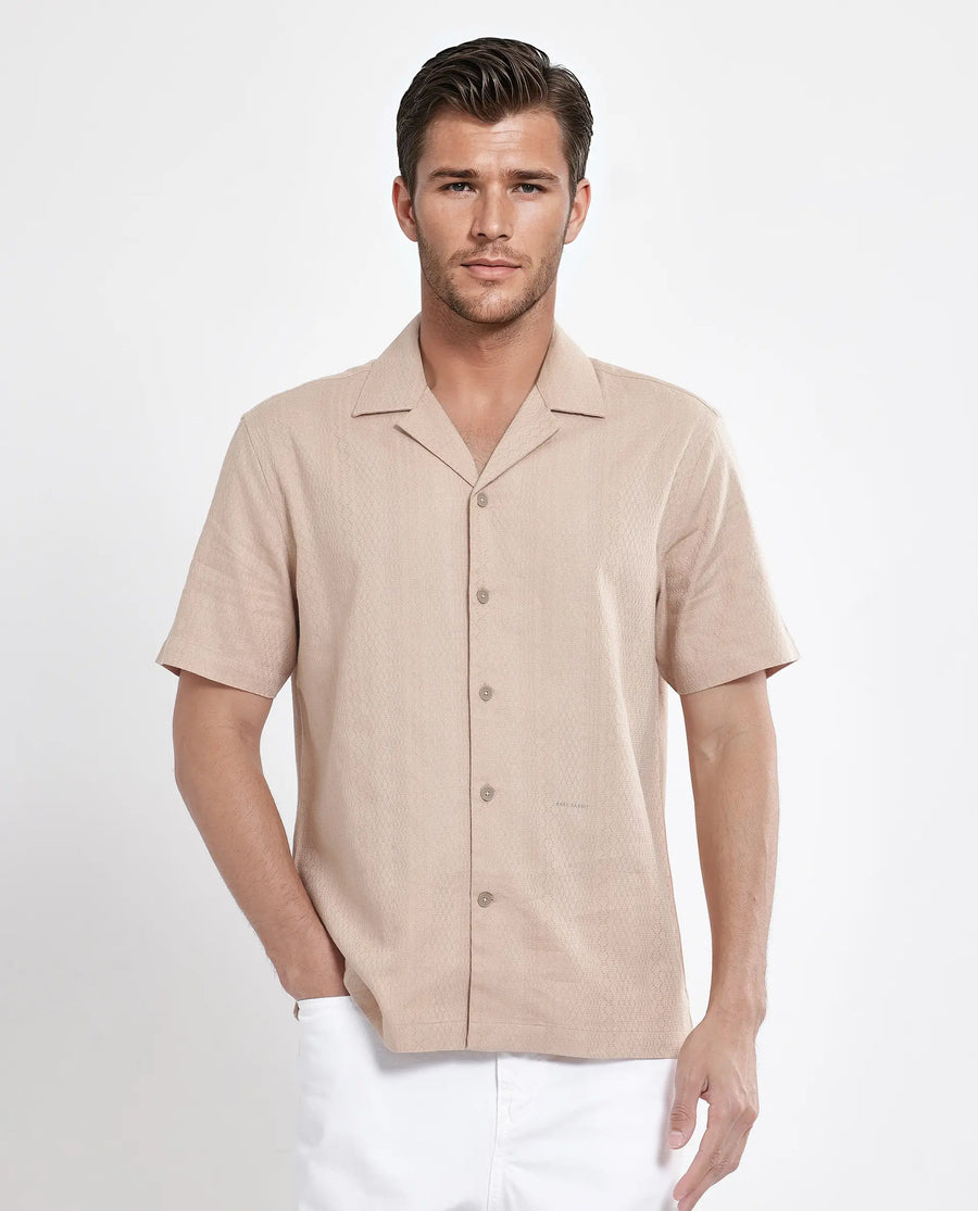 Rare Rabbit Men's Craggy Dusky Beige Cotton Striped Print Boxy Fit Half Sleeve Cuban Collar Shirt