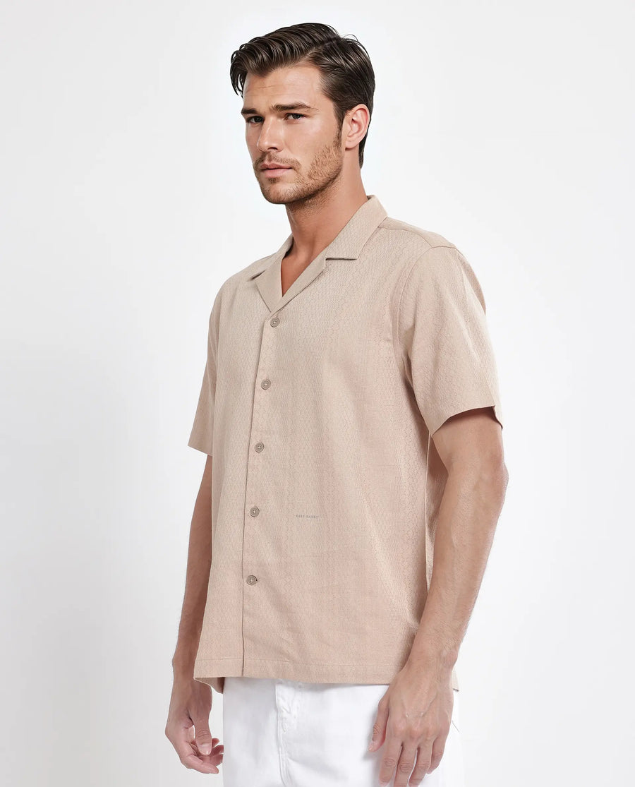 Rare Rabbit Men's Craggy Dusky Beige Cotton Striped Print Boxy Fit Half Sleeve Cuban Collar Shirt