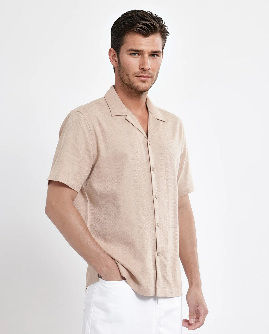 Rare Rabbit Men's Craggy Dusky Beige Cotton Striped Print Boxy Fit Half Sleeve Cuban Collar Shirt