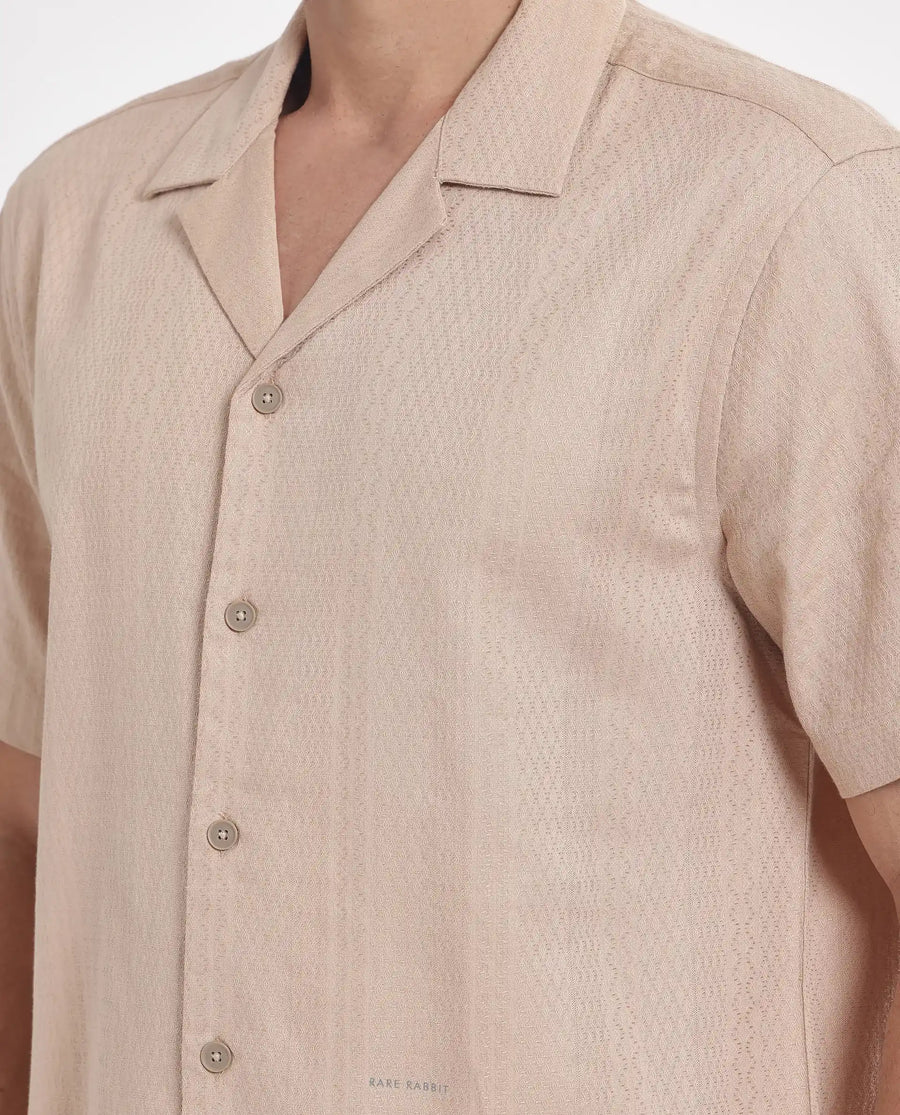 Rare Rabbit Men's Craggy Dusky Beige Cotton Striped Print Boxy Fit Half Sleeve Cuban Collar Shirt