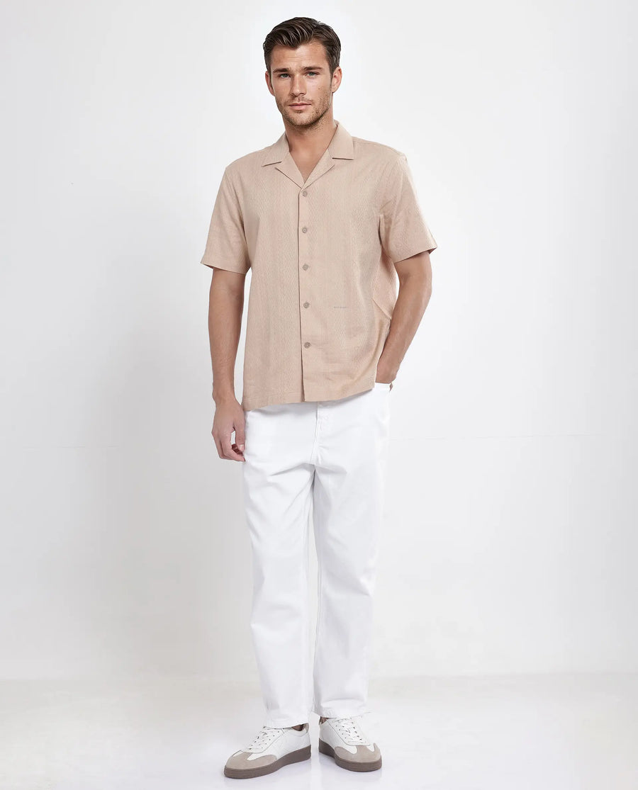 Rare Rabbit Men's Craggy Dusky Beige Cotton Striped Print Boxy Fit Half Sleeve Cuban Collar Shirt