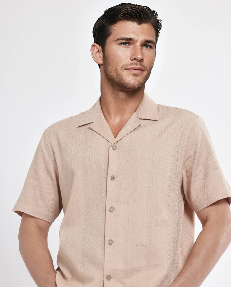 Rare Rabbit Men's Craggy Dusky Beige Cotton Striped Print Boxy Fit Half Sleeve Cuban Collar Shirt