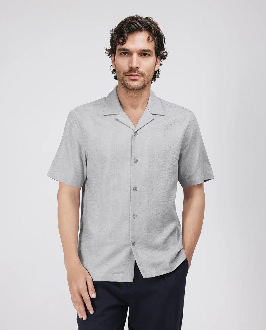 Rare Rabbit Men's Craggy Light Grey Cotton Striped Print Boxy Fit Half Sleeve Cuban Collar Shirt