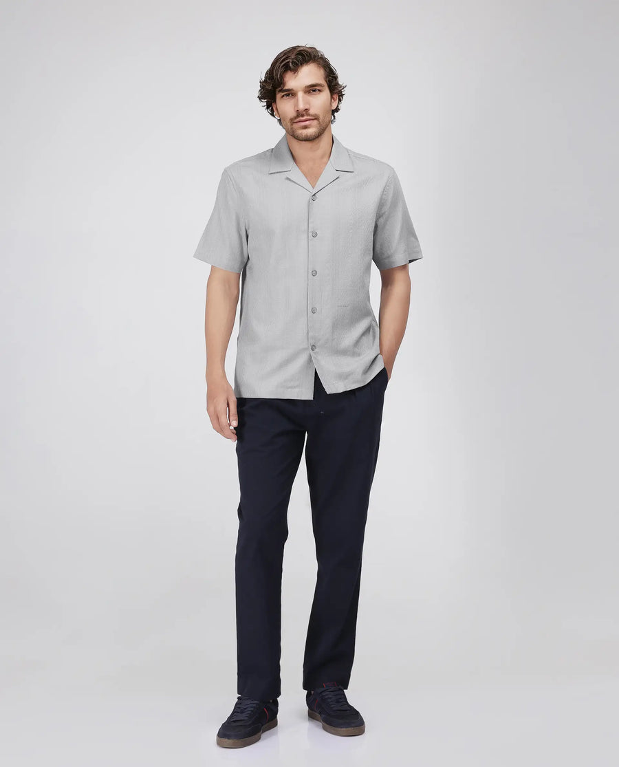 Rare Rabbit Men's Craggy Light Grey Cotton Striped Print Boxy Fit Half Sleeve Cuban Collar Shirt