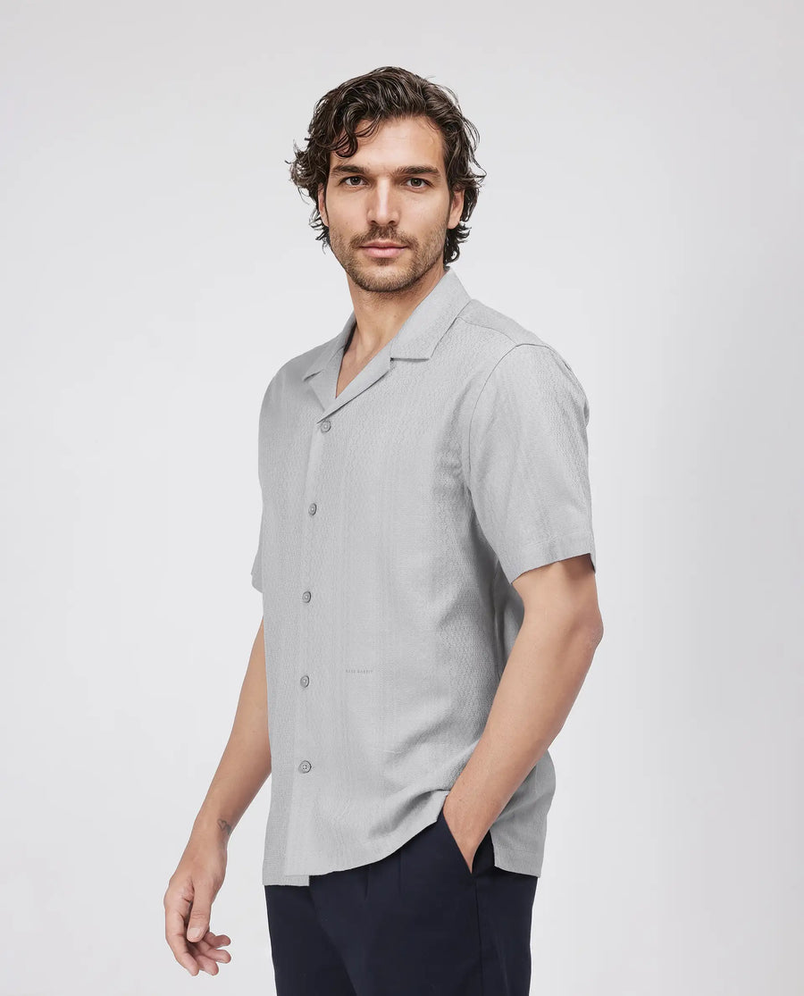Rare Rabbit Men's Craggy Light Grey Cotton Striped Print Boxy Fit Half Sleeve Cuban Collar Shirt