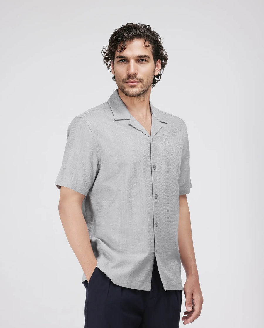Rare Rabbit Men's Craggy Light Grey Cotton Striped Print Boxy Fit Half Sleeve Cuban Collar Shirt