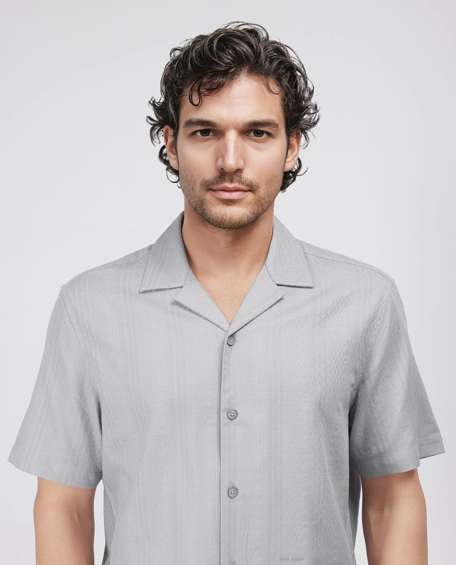 Rare Rabbit Men's Craggy Light Grey Cotton Striped Print Boxy Fit Half Sleeve Cuban Collar Shirt
