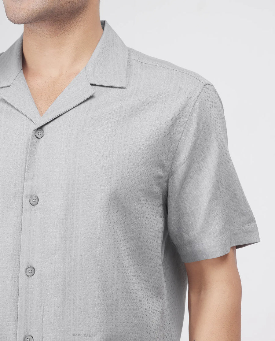 Rare Rabbit Men's Craggy Light Grey Cotton Striped Print Boxy Fit Half Sleeve Cuban Collar Shirt