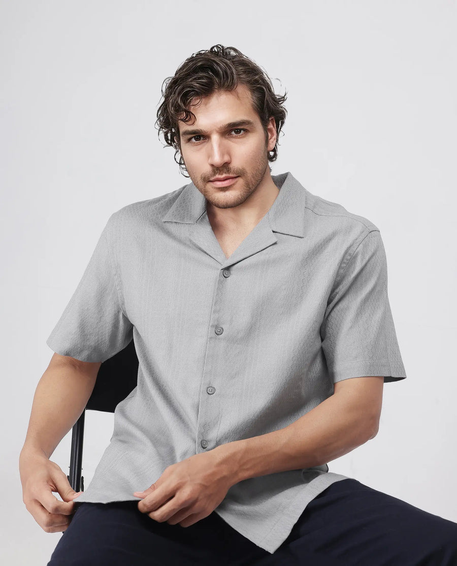 Rare Rabbit Men's Craggy Light Grey Cotton Striped Print Boxy Fit Half Sleeve Cuban Collar Shirt