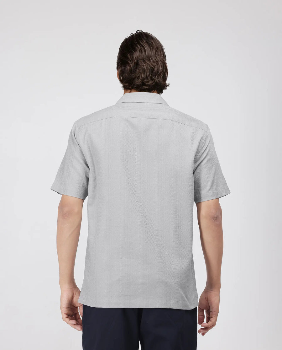 Rare Rabbit Men's Craggy Light Grey Cotton Striped Print Boxy Fit Half Sleeve Cuban Collar Shirt