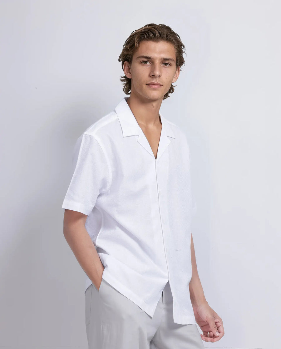 Rare Rabbit Men's Craggy White Cotton Striped Print Boxy Fit Half Sleeve Cuban Collar Shirt