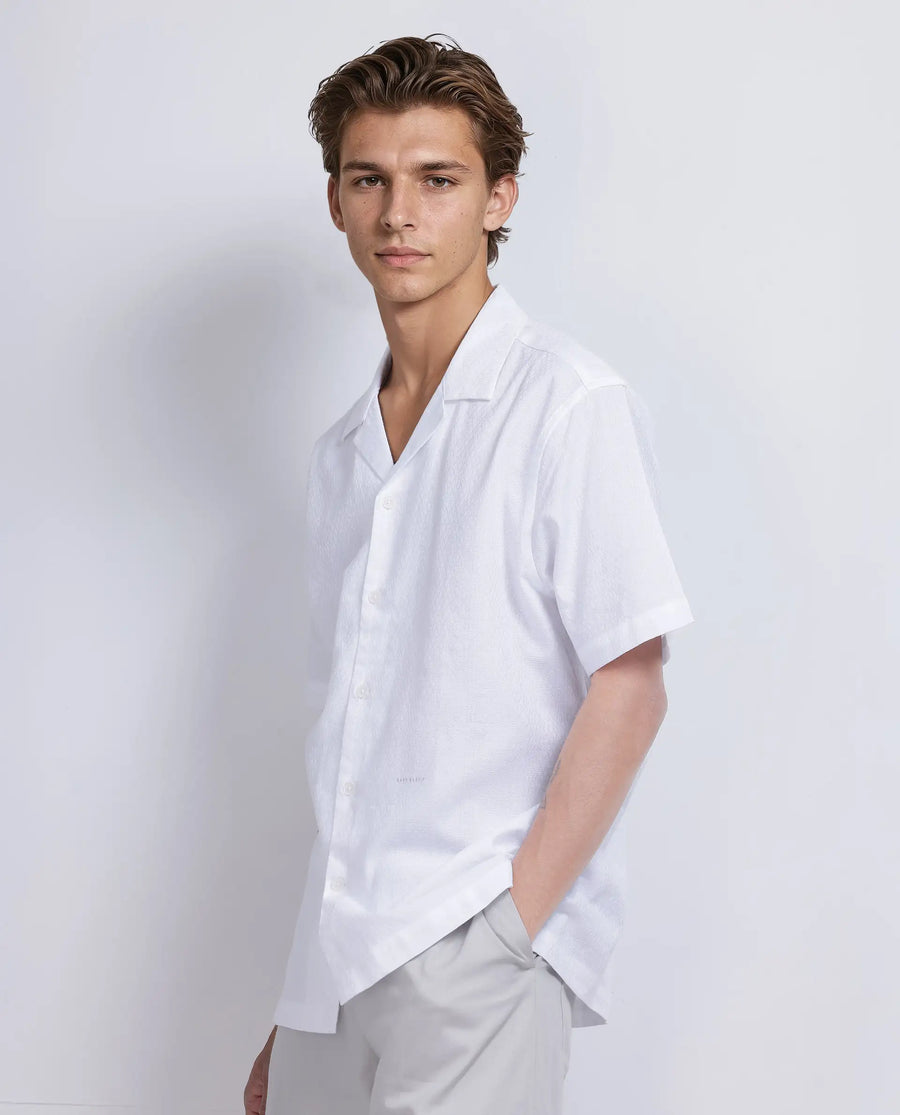 Rare Rabbit Men's Craggy White Cotton Striped Print Boxy Fit Half Sleeve Cuban Collar Shirt