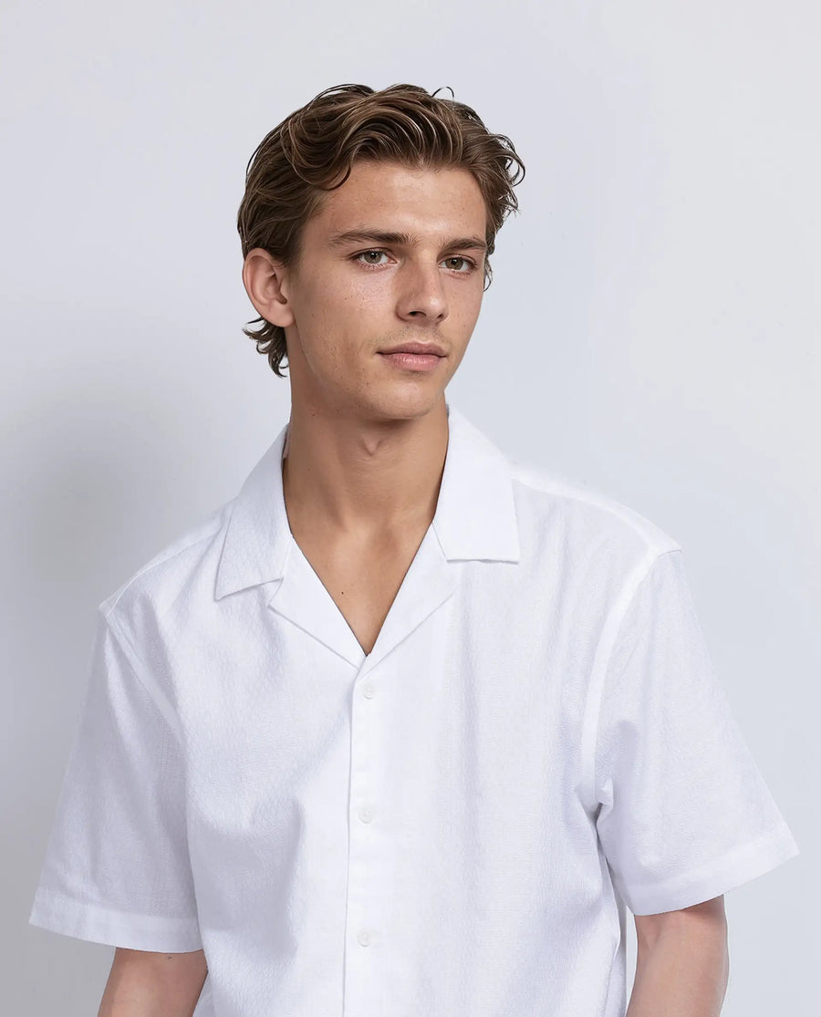 Rare Rabbit Men's Craggy White Cotton Striped Print Boxy Fit Half Sleeve Cuban Collar Shirt