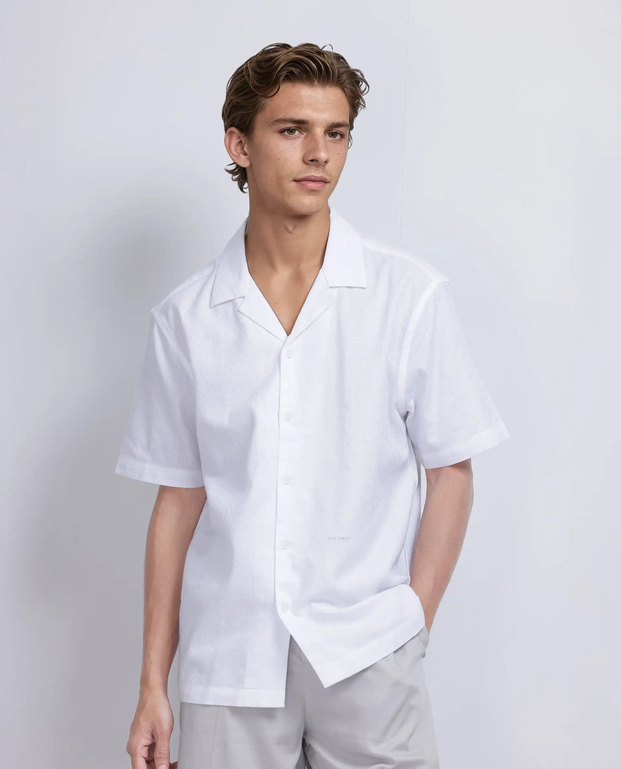 Rare Rabbit Men's Craggy White Cotton Striped Print Boxy Fit Half Sleeve Cuban Collar Shirt