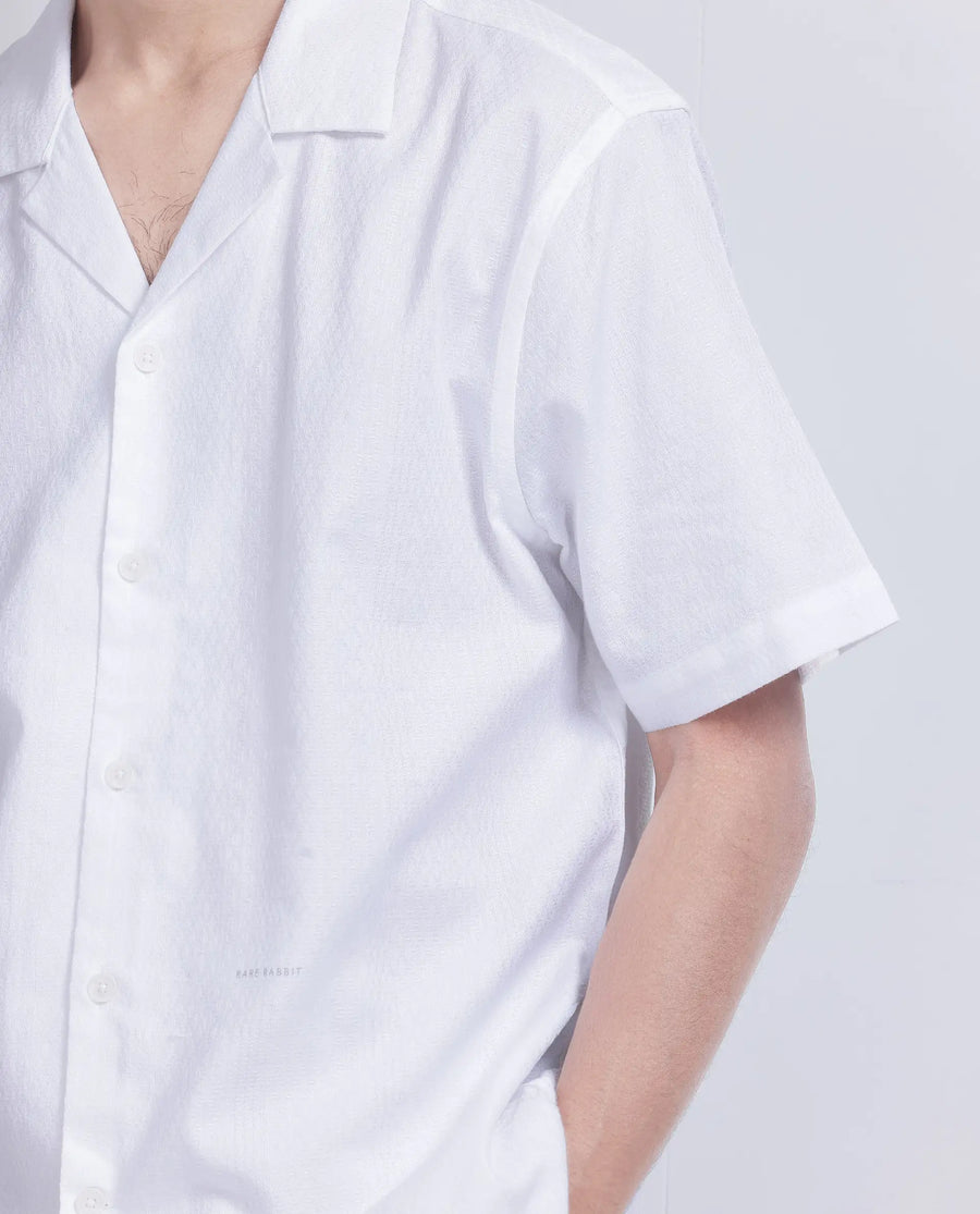 Rare Rabbit Men's Craggy White Cotton Striped Print Boxy Fit Half Sleeve Cuban Collar Shirt