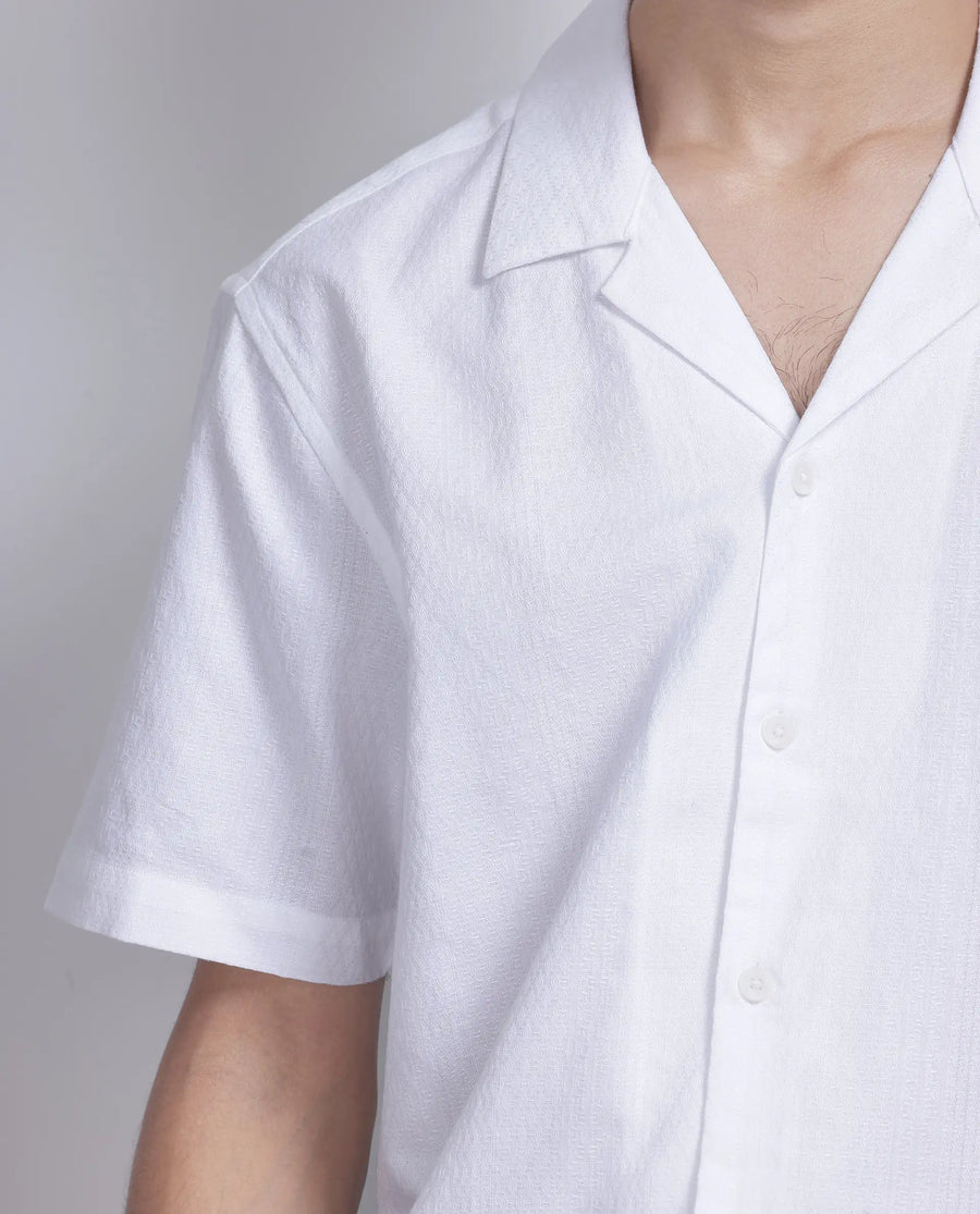 Rare Rabbit Men's Craggy White Cotton Striped Print Boxy Fit Half Sleeve Cuban Collar Shirt