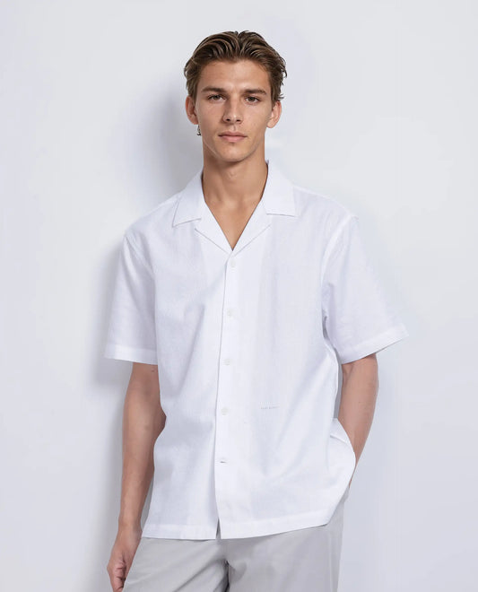 Rare Rabbit Men's Craggy White Cotton Striped Print Boxy Fit Half Sleeve Cuban Collar Shirt