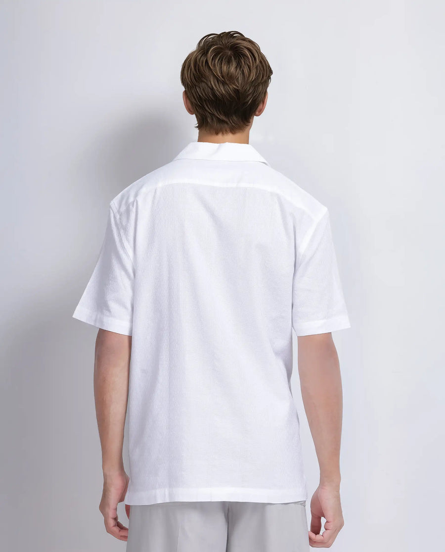 Rare Rabbit Men's Craggy White Cotton Striped Print Boxy Fit Half Sleeve Cuban Collar Shirt