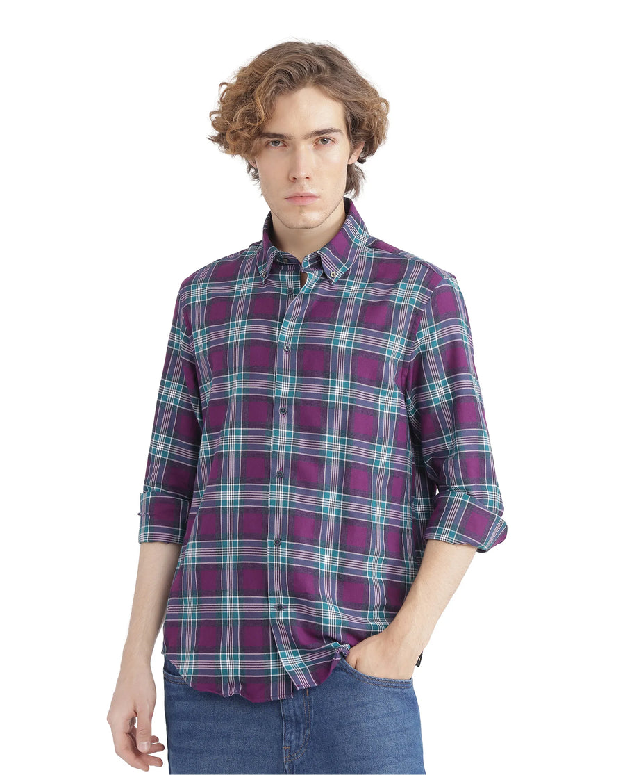 Rare Rabbit Men's Crin Dark Purple Cotton Checked Print Oversized Fit Full Sleeve Collared Shirt