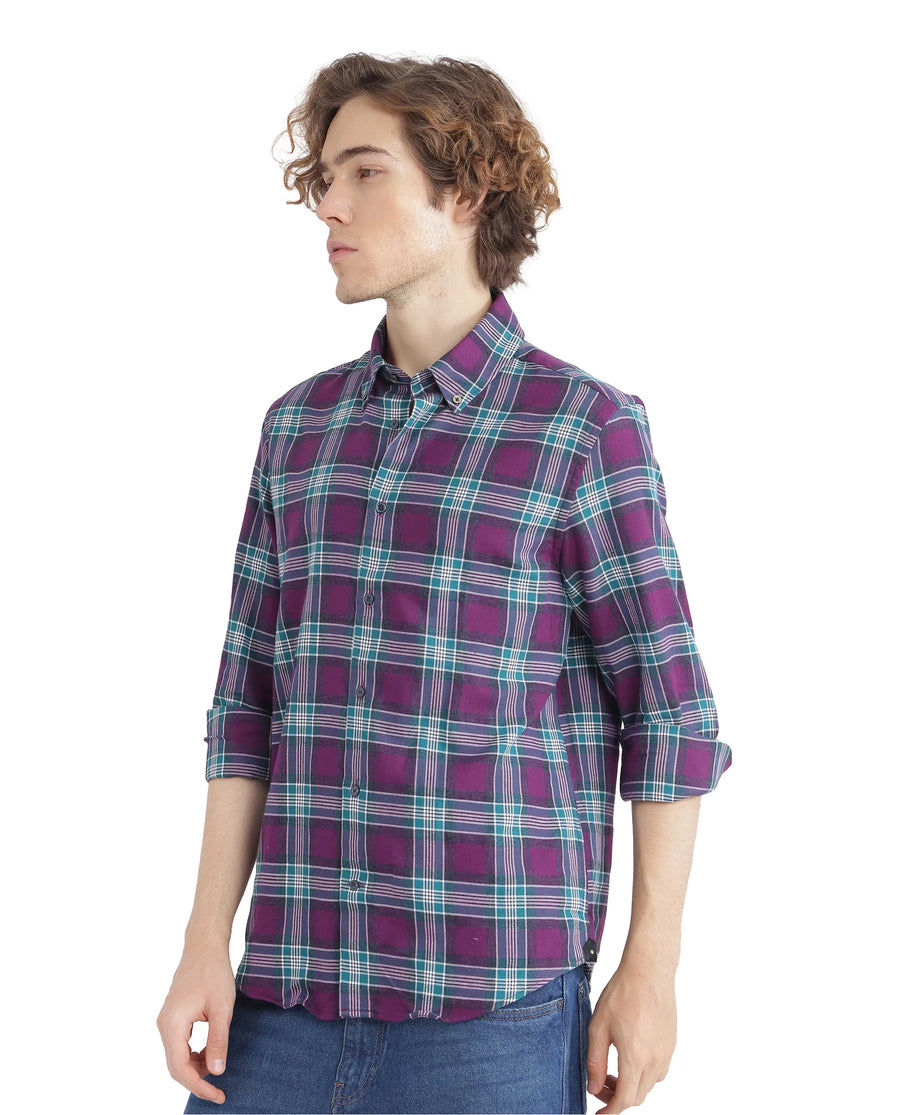 Rare Rabbit Men's Crin Dark Purple Cotton Checked Print Oversized Fit Full Sleeve Collared Shirt