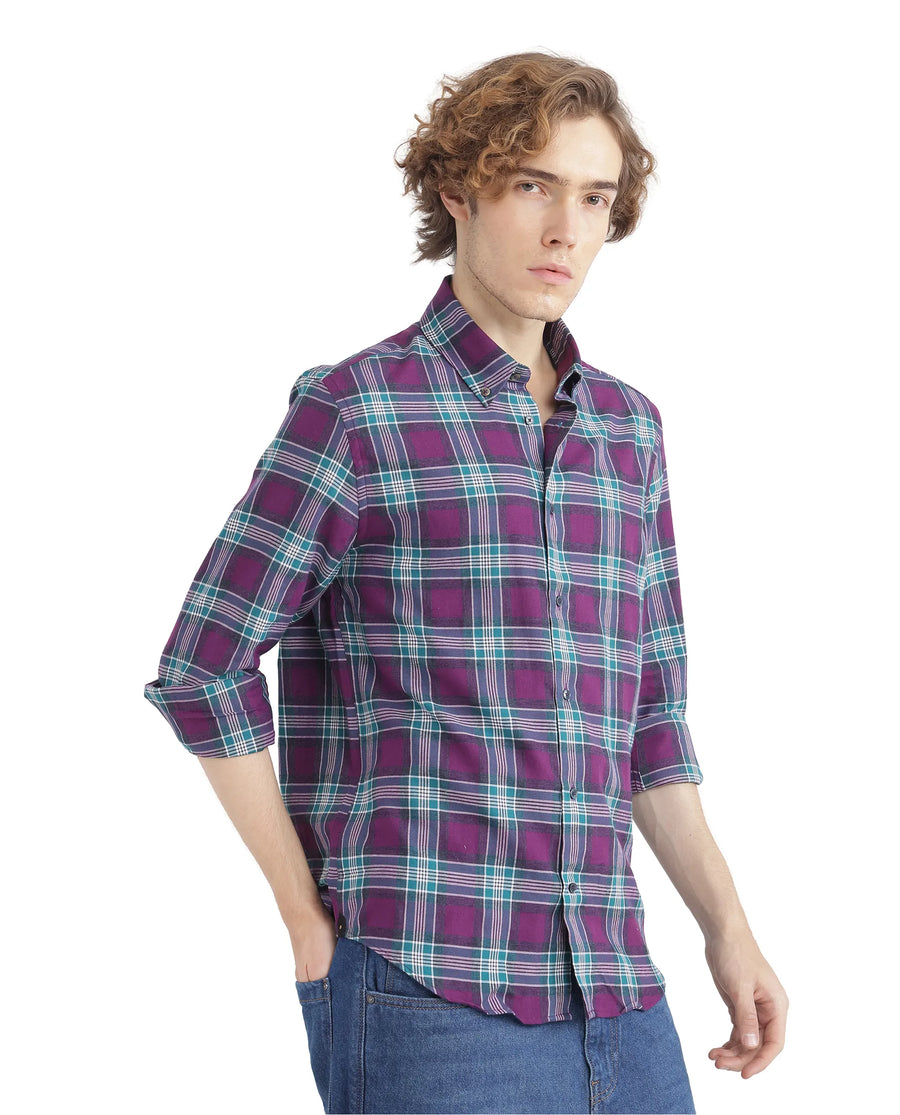 Rare Rabbit Men's Crin Dark Purple Cotton Checked Print Oversized Fit Full Sleeve Collared Shirt