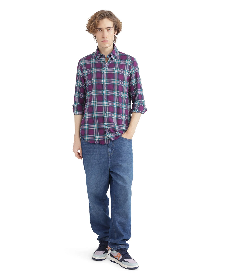 Rare Rabbit Men's Crin Dark Purple Cotton Checked Print Oversized Fit Full Sleeve Collared Shirt