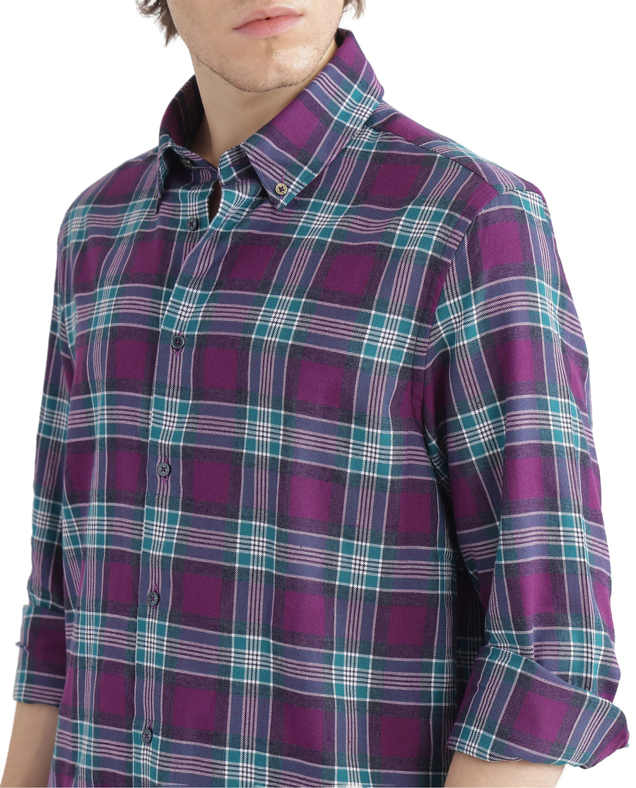 Rare Rabbit Men's Crin Dark Purple Cotton Checked Print Oversized Fit Full Sleeve Collared Shirt