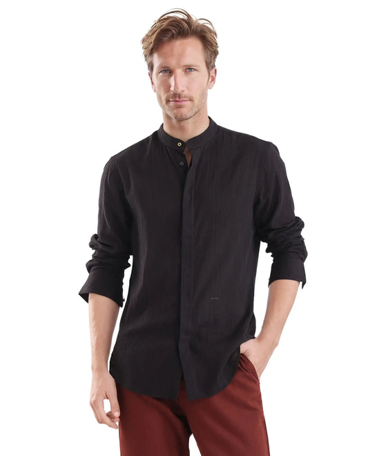 Rare Rabbit Men's Crinkle-25 Black Plain Regular Fit Full Sleeve Mandarin Collar Shirt
