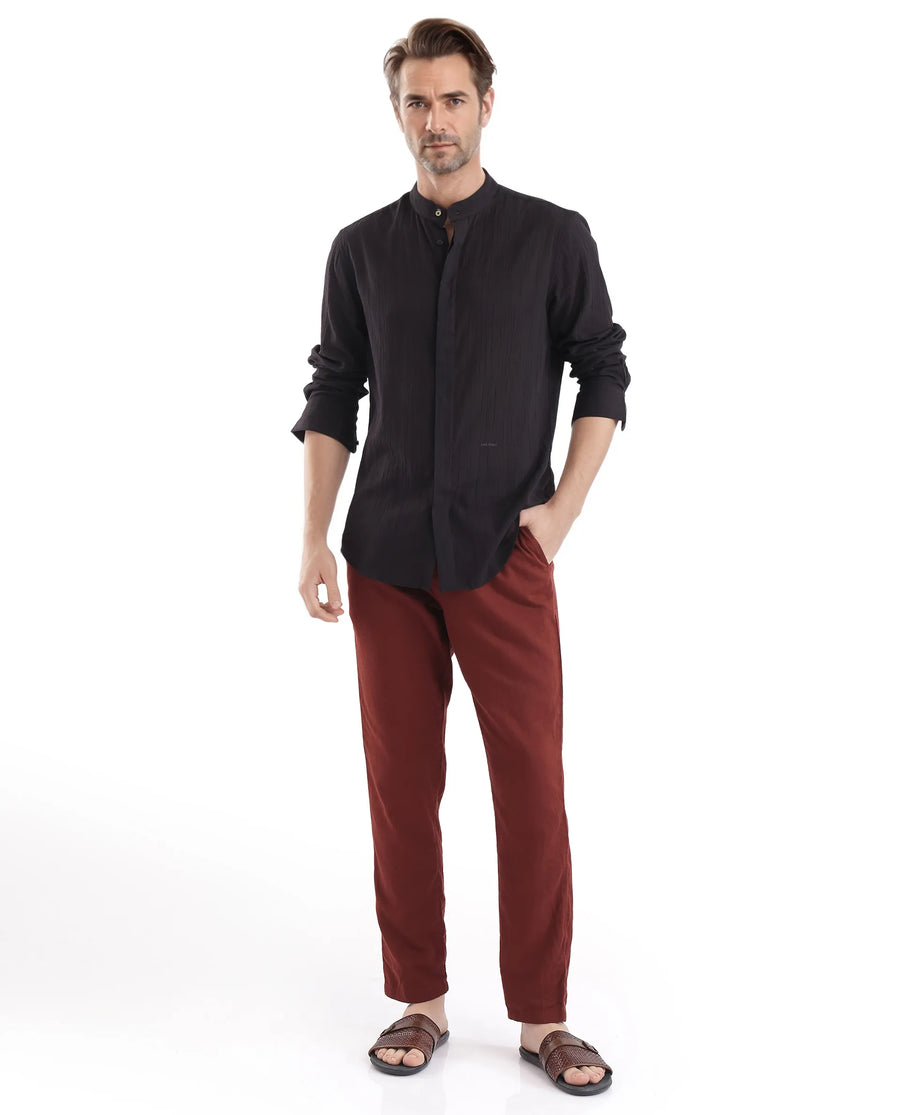 Rare Rabbit Men's Crinkle-25 Black Plain Regular Fit Full Sleeve Mandarin Collar Shirt