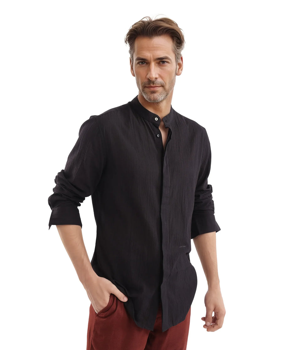 Rare Rabbit Men's Crinkle-25 Black Plain Regular Fit Full Sleeve Mandarin Collar Shirt