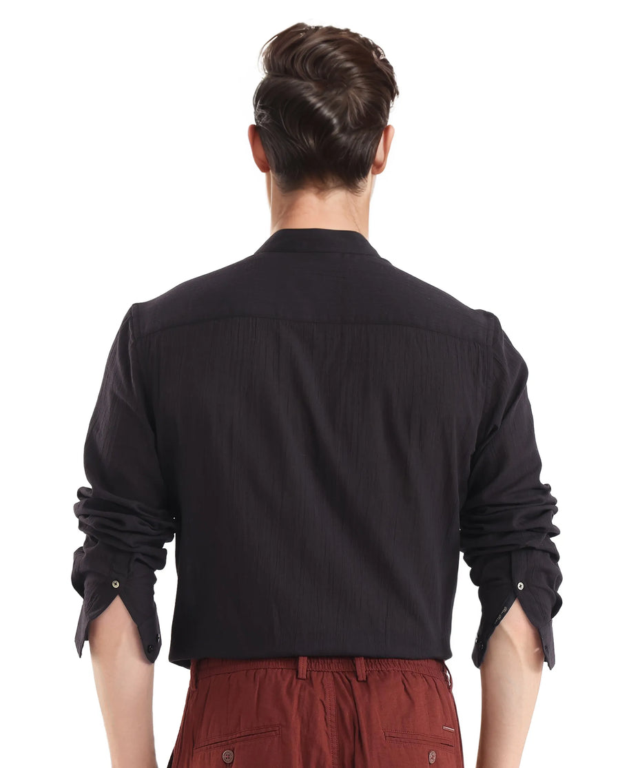 Rare Rabbit Men's Crinkle-25 Black Plain Regular Fit Full Sleeve Mandarin Collar Shirt