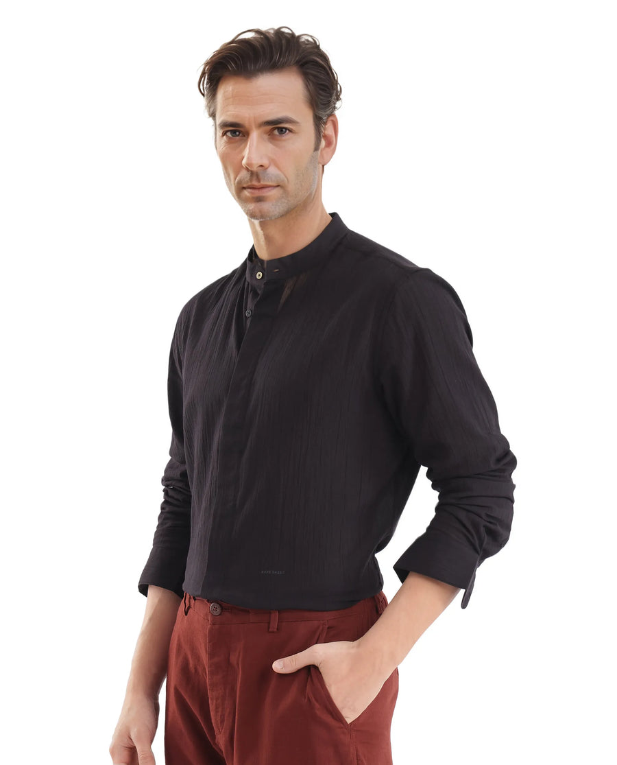 Rare Rabbit Men's Crinkle-25 Black Plain Regular Fit Full Sleeve Mandarin Collar Shirt
