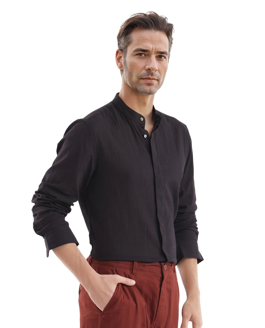 Rare Rabbit Men's Crinkle-25 Black Plain Regular Fit Full Sleeve Mandarin Collar Shirt