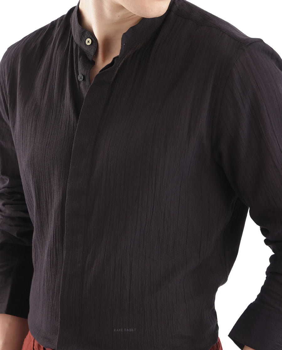 Rare Rabbit Men's Crinkle-25 Black Plain Regular Fit Full Sleeve Mandarin Collar Shirt