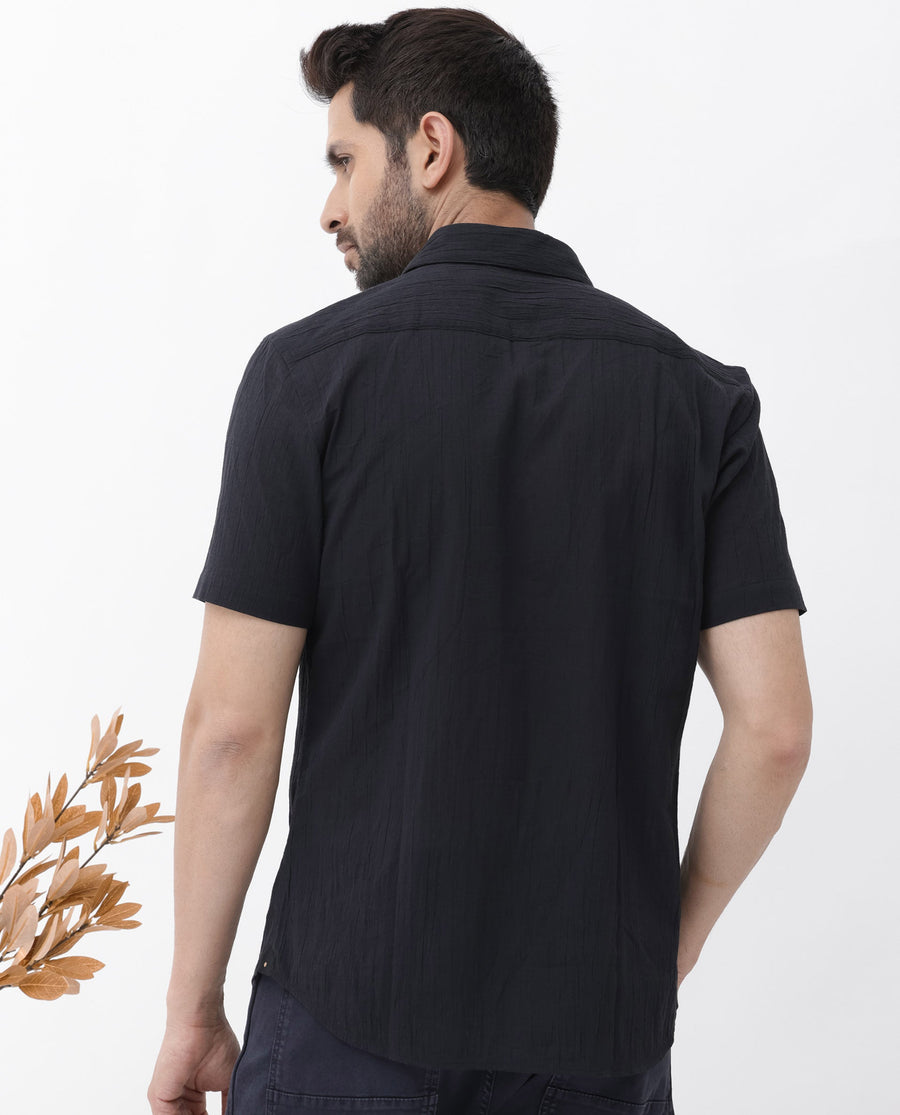 Rare Rabbit Men's Crinkle Ss Black Cotton Plain Boxy Fit Half Sleeve Collared Shirt